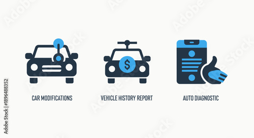 Modern Car Modification, Vehicle History Report, and Auto Diagnostic Service Icons