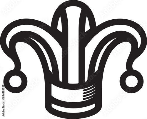 A classic jester hat icon with three distinct points, each adorned with a bell-like pom-pom at the end, is presented in a striking black and white outline, symbolizing humor, folly, or entertainment
