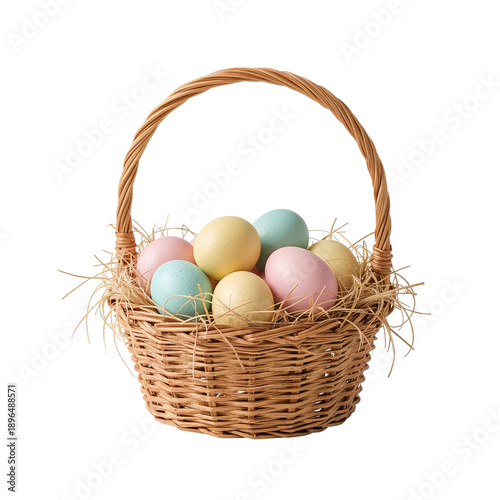 Colorful Eggs in a Woven Basket on a Plain Background During Spring Season