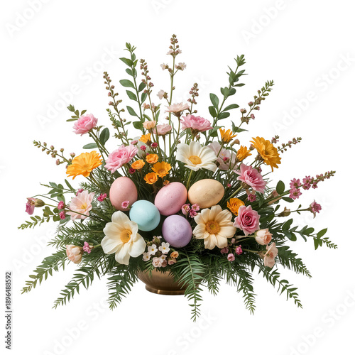Colorful Spring Flower Arrangement With Easter Eggs in a Basket