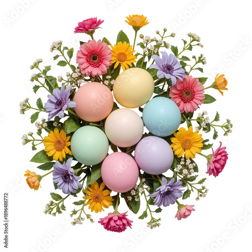 Colorful Eggs Arranged With Flowers for Spring Celebration in a Circular Pattern