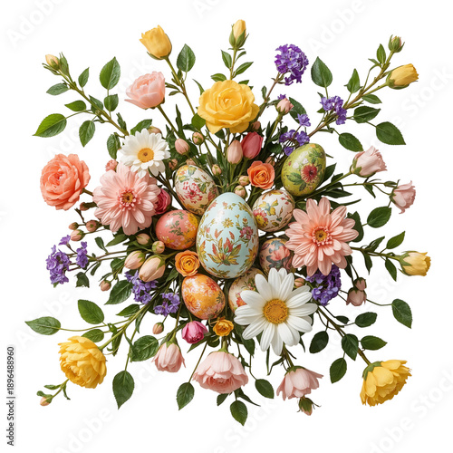 Colorful Spring Display With Flowers and Decorative Eggs for Easter Celebration