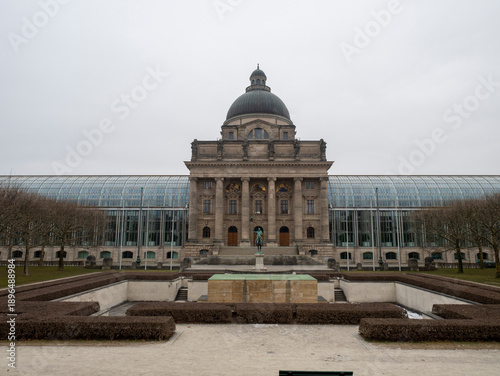 Elegant Civic Architecture. Serene Government Edifice Featuring Symmetric Gardens And Fountain