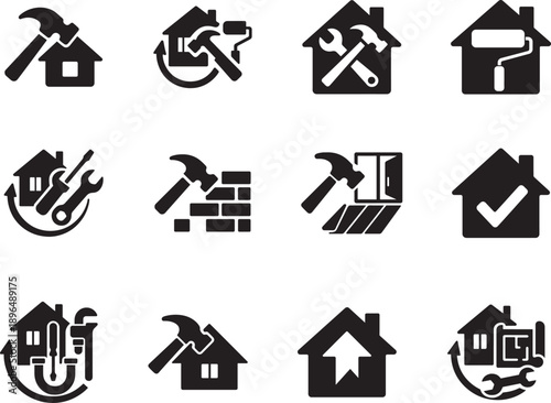   Renovation icon set in multiple styles for home improvement, repair, construction, tools, and remodeling projects.