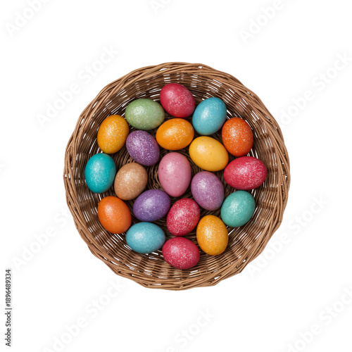 Colorful Eggs in a Wicker Basket for Holiday Celebrations or Events in Spring...
