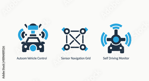 Autonomous Driving Technology Icons: Vehicle Control, Sensor Grid, and Self-Driving Monitor