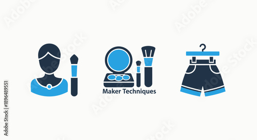 Fashion and Beauty Icons: Makeup Artist, Cosmetics, and Clothing on Hanger - Vector Graphic