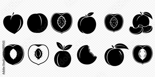 Set of black silhouette peach icons, whole, sliced, and bitten fruit illustrations.