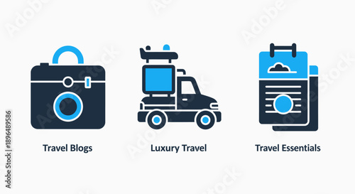 Travel Icons: Camera for Blogs, Luxury Vehicle, Travel Essentials Checklist - Vector Graphics