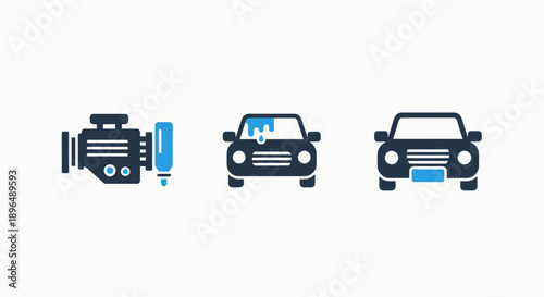 Automotive Icons: Engine, Car Wash, and Vehicle Front - Vector Graphics