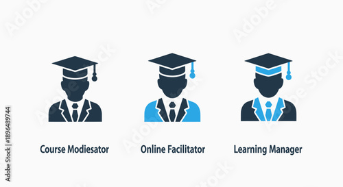 Education icons featuring graduates representing online facilitation, course moderation, and learning management roles.