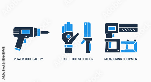 Tool and equipment icons: power drill, hand gloves and knife, measuring device for construction and DIY.