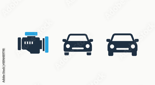 Automotive icons: engine, front view of a car, and another car for vehicle mechanics and transport.