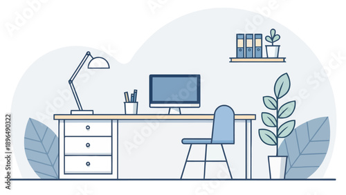 Modern home office setup with computer and plants