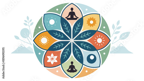 Vibrant wellness concept with meditating figures and nature elements