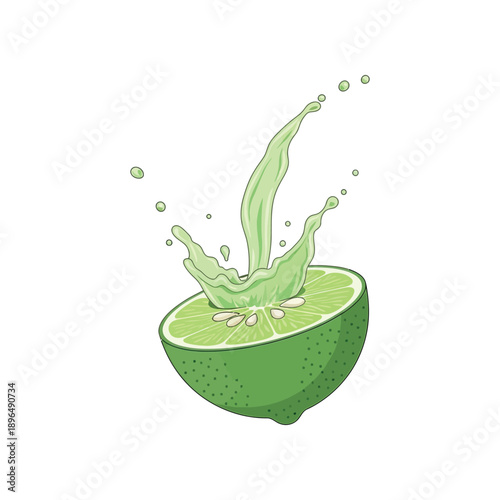 Fresh green lime juice splashing out of a halved citrus fruit illustration