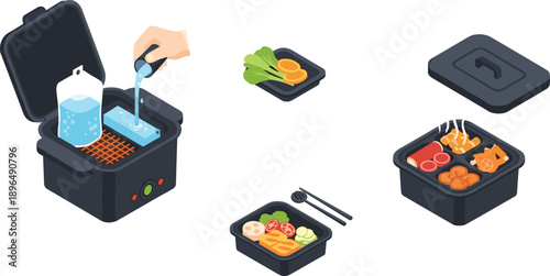 Step-by-step instructional graphic showing meal preparation with electric cooker, vegetables, and cooked food for culinary visuals
