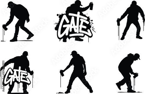 Graffiti artist silhouette icon set with spray paint actions and street art lettering, black flat vector urban culture illustrations for design and branding