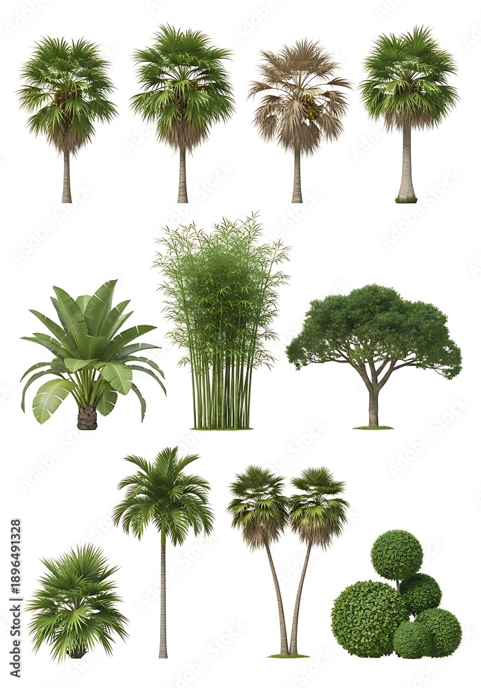 Fototapeta premium Tropical and Exotic Trees Set - Palm, Bamboo, and Decorative Plants, Isolated