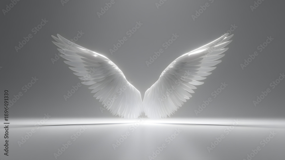 Fototapeta premium Wings of Serenity: Delicate, white wings spread in a luminous display, casting a gentle shadow. Capturing the feeling of peace, freedom and spirituality.