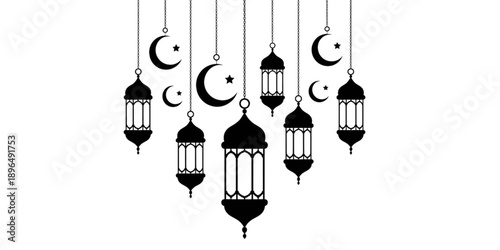 Elegant collection of hanging ramadan lanterns and crescent moons perfect for islamic celebrations and decorative elements in black and white silhouette style Ramdan element