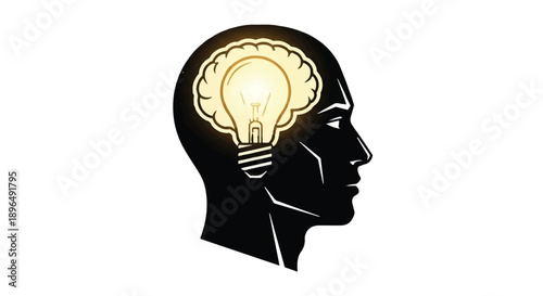 Creative thinking and inspiration concept with human head and glowing light bulb