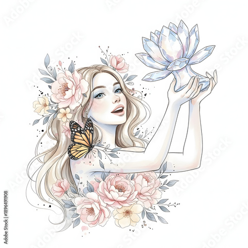 Watercolor portait of a girl with flowers