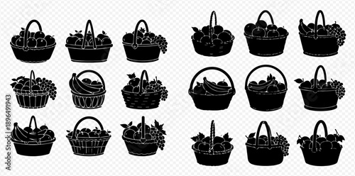 Set of fruit baskets silhouettes, including apples, bananas, grapes, and berries, perfect for harvest and healthy eating concepts.