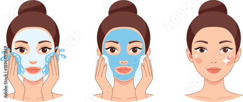 Cartoon-style illustration of a woman following a three-step skincare routine with cleanser, facial mask, and glowing skin visuals