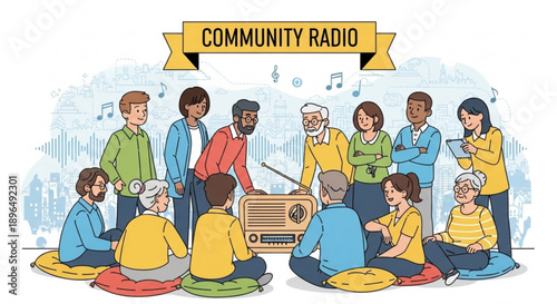 Community radio group gathering around vintage radio for discussion