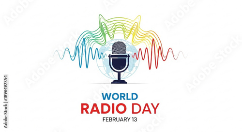 World radio day logo with microphone and sound waves on february 13