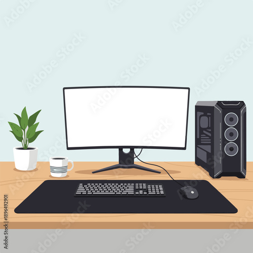 Modern Minimalist Desktop Workspace Vector Illustration with Curved Monitor, Gaming PC, and Potted Plant