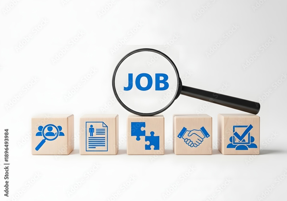 Obraz premium Wooden blocks with job search icons and a magnifying glass focusing on the word job on white