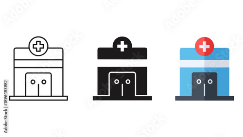 Medical clinic icons set with plus symbols and building facades vector illustration