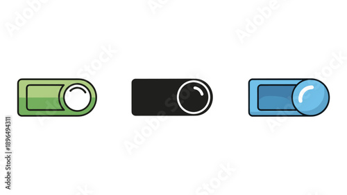 Camera Lens Icons Set in Green, Black, and Blue on White