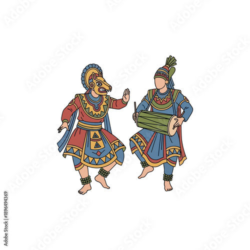 Traditional dancers perform with vibrant costumes and instruments in a cultural setting.