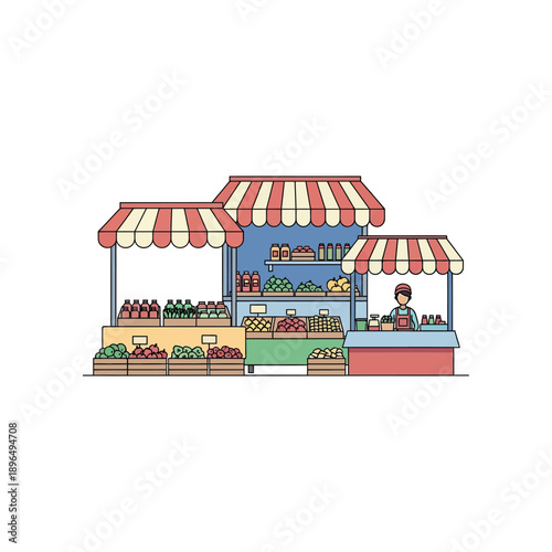Photography Vibrant market stall with colorful produce and drinks on display under striped awnings, front view illustration
