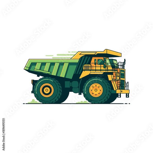Large yellow mining dump truck with green accents parked on a flat surface viewed from the side.