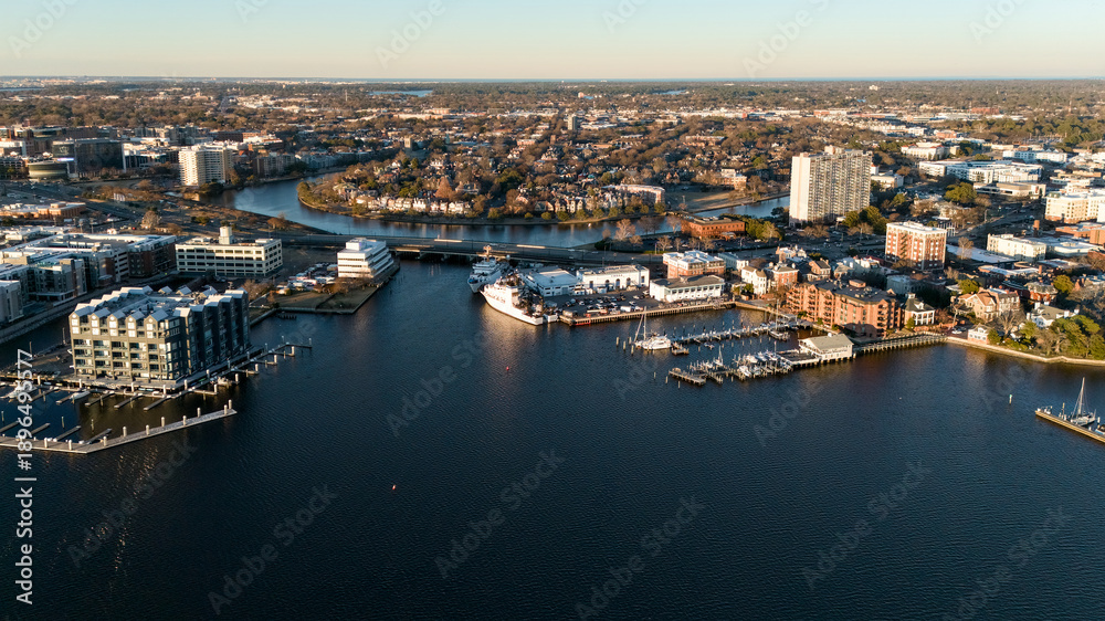 Fototapeta premium Drone photo of Norfolk Virginia showing bay waterfront city and residential areas