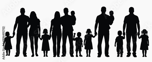 Family Portrait Silhouette: A collection of family silhouettes, representing the diverse composition of kinship and familial bond. Perfect for themes of family, love, and togetherness.