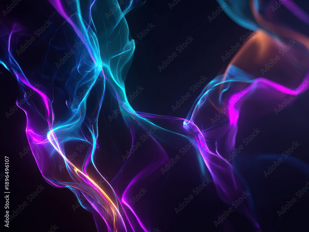 Fototapeta premium Abstract wallpaper with neon electric veins, glowing in dark environment dynamic, vibrant colors blue, purple, green, orange, pink swirling patterns reminiscent of smoke or energy - AI-Generated