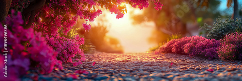Panel kuchenny z motywem Vibrant pink flowers cascade over cobblestone path, illuminated by soft, ethereal golden light at sunrise or sunset, creating dreamy and inviting garden scene.
