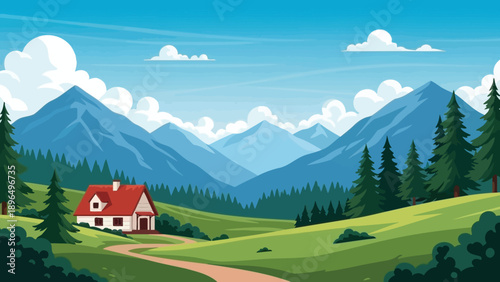 Serene mountain landscape with a cozy house and lush greenery