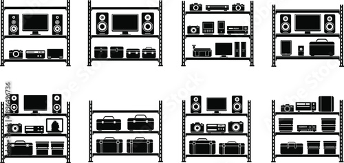 Electronic store shelf display illustration, black silhouette racks with televisions, speakers, computers and gadgets, isolated vector set for retail design
