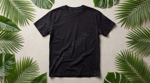 Black t-shirt mockup with tropical leaves