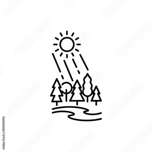 Simplified forest landscape with sun rays in minimalist black line art on white background for eco tourism