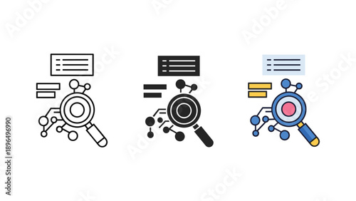 Magnifying Glass Icons with Molecular Structures and Documents