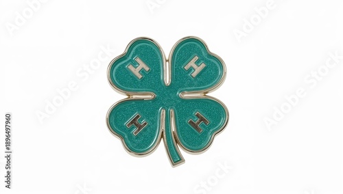 Shiny blue 4h club pin with fourleaf clover emblem and silver trim on white background