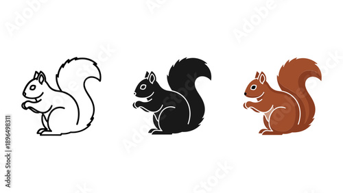 Three cartoon squirrels sitting line art black white orange illustration