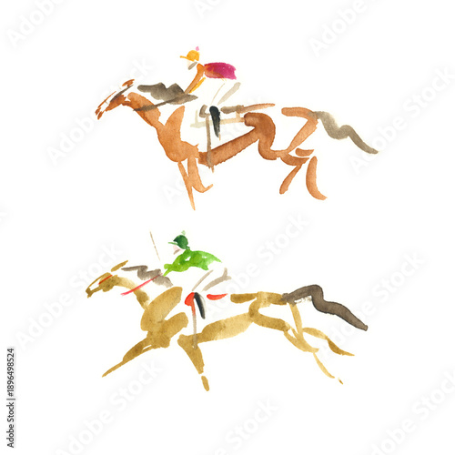 Bild auf Leinwand Abstract watercolour drawing of two race horses galloping, hand drawn watercolou
